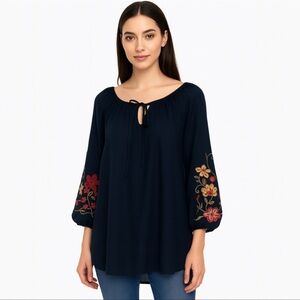 Olivia & Martin Embroidered Boho Blouse. Navy embroidered puff sleeves. L NWT
